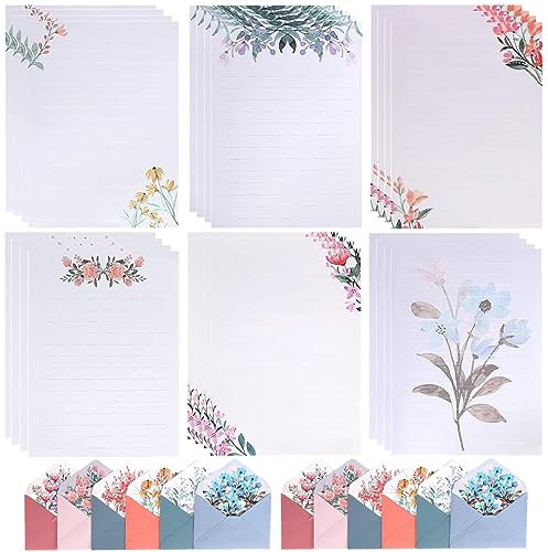 SamHeng Blumen Briefpapier mit Umschläge Kit, 24 Blätter Elegant Blumendesign Schreibpapier Liniert mit 12 Stück Geschenk Umschläge, Mehrere Muster Briefumschlag Set für Party Einladung Gaben