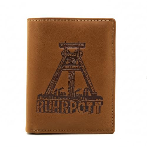 Lemasi echt Büffel Voll-Leder Geldbörse für Männer, naturbelassenes Hunterleder Portemonnaie Ruhrpott Ruhrgebiet Förderturm mit RFID NFC Schutz (Hochformat Cognac)