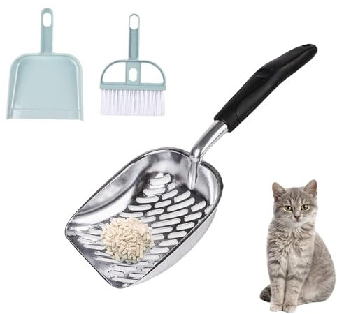 HFYMXNB Katzenstreu Schaufel Metall Aus Robustemaluminium,Katzenstreu Schaufel Reinigungswerkzeug,Katzentoiletten Haustier Katzen, Grau mit Kunststoff Schaufel Besensets,35 * 14cm