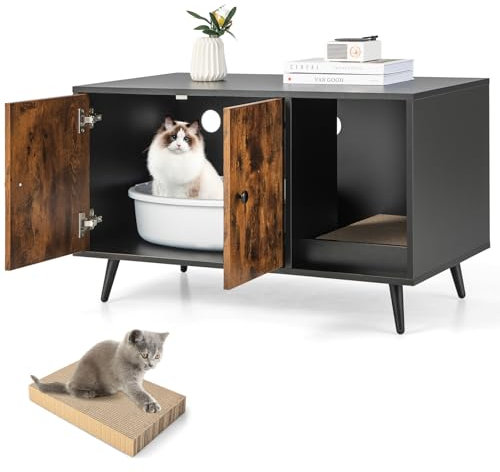 COSTWAY Meuble Litière Chat en Bois, Double Porte 3 en 1 avec Planche à Griffer, 4 Pieds Surélevés Amovibles, 2 Passe-Câble, Maison de Toilette Industriel, 90 x 50 x 54 CM