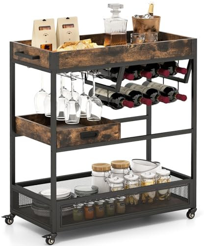 KOMFOTTEU Industrieller Küchenwagen mit herausnehmbarem Tablett, Servierwagen 3 Ebenen mit Weinregal & Getränkehalter, Rollwagen aus Holz Stahl, Barwagen für Esszimmer Bar, 88x40x90 cm