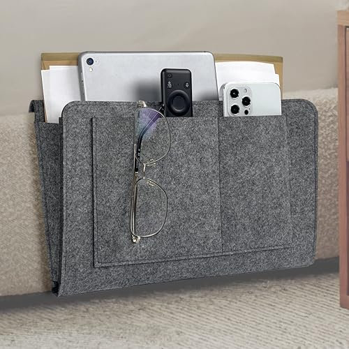 HomeGadget Filz Organizer Tasche zum einhängen [ für Sofa & Bett ] - mit 5 Fächern für jede Art von Zubehör wie Zeitung | Brillen | Smartphone - Grau