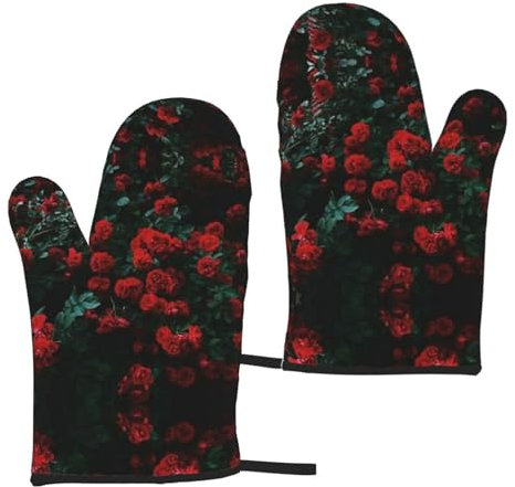 Lot de 2 gants isolants roses rouges et noires - Gants de four à micro-ondes pour barbecue et pâtisserie