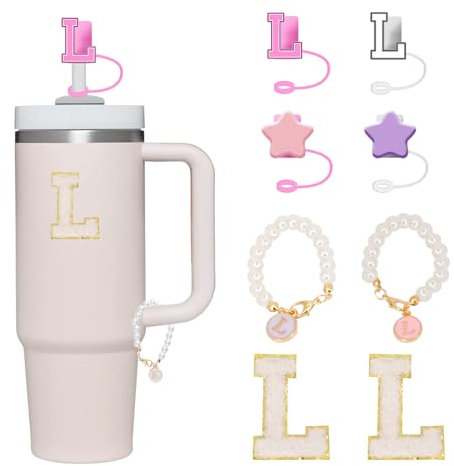 Letter Stanley Straw Cover 2Pcs Dustproof 10mm Straw Cover for Stanley Cup Accessories Include 2pcs Personalized Name ID A-Z Pearl Hangings Letter Stickers(L)