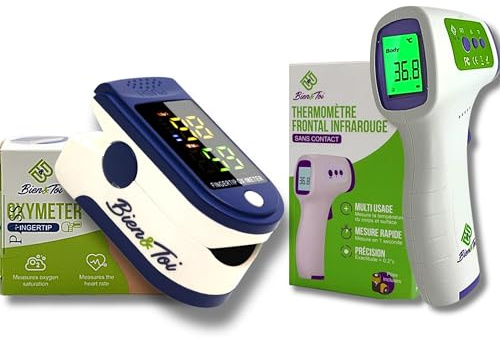 Oxymètre de doigt professionnel + thermomètre frontal adulte/bebe/enfant, sans contact, mesure corps et surface, écran à LED, sac de transport/piles incluses/notice en Français