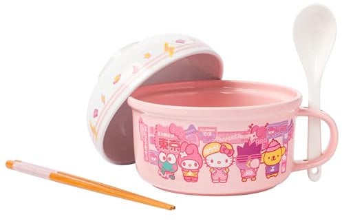 Silver Buffalo Sanrio Hello Kitty and Friends - Tazza da zuppa con coperchio Keroppi, My Melody, Badtz-Maru e Pompompurin, con cucchiaio e bacchette, coperchio per ciotola da 368,5 g, 623,7 g