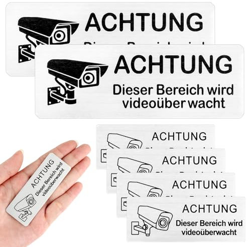 simarro 6 Stück Schild Videoüberwachung Set, 4 Stück 8.5cm×3cm Videoüberwachung Schild mit 2 Stück 15cmx5cm Aufkleber Videoüberwachung, Selbstklebend Grundstück wird Videoüberwacht Aufkleber mit Tape
