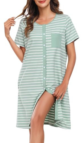 Lovasy Chemise de Nuit Femme Coton Chemise de Nuit Manches Courtes à Rayure Robe De Nuit Boutonnée Devant Tee Shirt de Nuit Femme Grande Taille avec Poches Latérales A Vert Clair L
