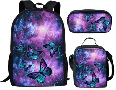 HUGS IDEA 3-teiliges Schulrucksack-Set für Mädchen, Jungen, kleine Kinder, Vorschule, Schultasche und Lunchbox, Federmäppchen, Galaxy Butterfly