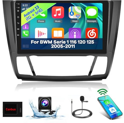 [2+64G]Android 13 Autoradio für BMW Serie 1 E81 E82 E87 E88 2004-2011 mit Wireless Carplay & Android Auto, 9 Zoll Touchscreen Autoradio mit WiFi GPS Mirror Link DSP FM/RDS Radio SWC+AHD Rückfahrkamera