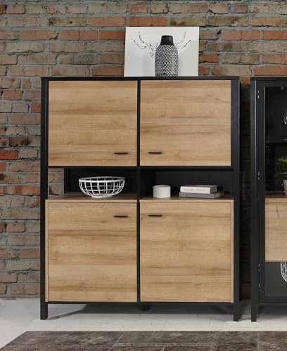 möbelando Highboard >HIGH Rock< in Schwarz/Riviera Eiche Dekor, 4 Türen - 121,3x152,3x40,2cm (BxHxT)