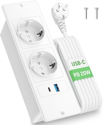 Presa da incasso con USB C PD20W, presa elettrica da incasso con USB, presa a scomparsa per piano di lavoro, cavo da 2 m, colore: bianco