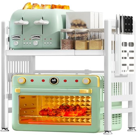 NLMWTI 2 Niveaux Extensible Étagère à Micro-Ondes Réglable, Support de Four à Micro-Ondes au Carbone, Organisateur de Rangement de Cuisine avec 6 Crochets, Blanc