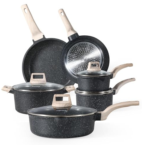 Carote Granite Non-Stick Cookware Set, 10-Piece Induction Compatible Pans and Pots with Lids, PFOA Free Black Stone Effect Kitchen Cookware Set with Wooden Handles, Healthy Frying & Sautéing Set
