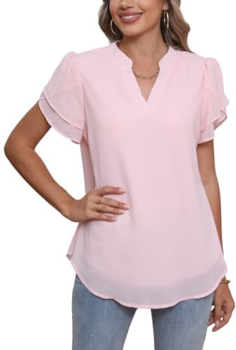 Famulily Summer Sheer Blouses for Women Cute Petal Shorts Sleeve Chiffon V Neck Blouses Ladies Tops (Pink, XXL)