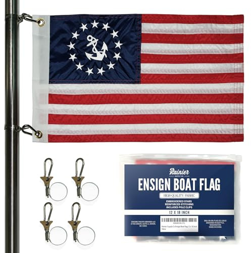 RainierSupplyCo Ensign American Flag for Boat - 12x18 Nautical Boat Flags with Embroidered Stars, Sewn Stripes, 2 Brass Grommets, 4 Heavy Duty Clips - Marine US Banner for Pontoon, Boating Accessories
