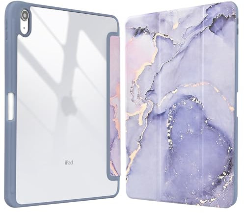 Vozehui 11/10.9 Zoll Hülle für Lila Marmor iPad 11/10th Generation 2025/2022 mit Clear Back Shell mit Bleistifthalter, Tri-fold Stand Schutzhülle mit Auto Sleep Wake für iPad 11/10th Generation