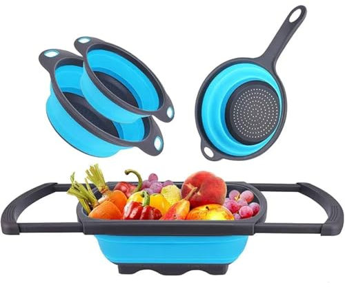 Kitchen Strainer Set, 4 Pieces Foldable Pasta Strainers, Colander for Pasta, Vegetables and Fruit, 3 Colours (Blue)