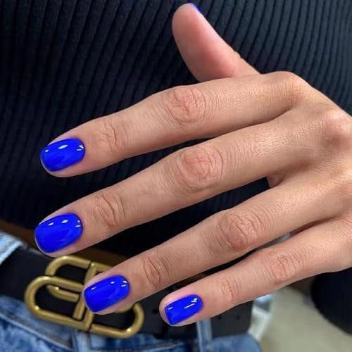 Ceboic 24Pcs Faux Ongles Carré Court, Bleu French Press on Nails, Couverture Complète Acryliques Ongles à Presser, Réutilisables Artificiels Ongles à Coller pour Femme et Fille DIY Manucure Salon