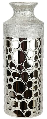 Vase aus Keramik Silber 27 cm Keramikvase Blumenvase Tischvase Zylindrisch für frische & getrocknete Blumen Dekovase Deko Glänzend Matt Hochbodenvase Gefäß Modern Tischdeko Hochzeitsdeko