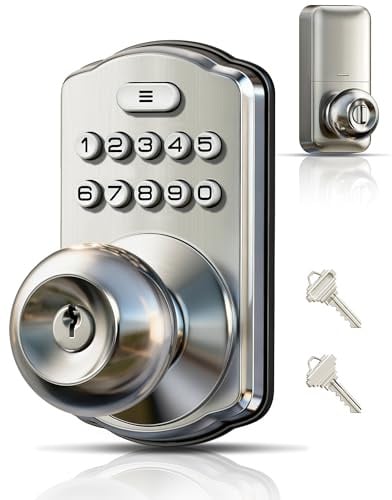 Veise KS03 Keypad Door Knob, Keyless Entry Lock with Handle, Satin Nickel