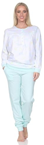 Normann Damen fraulicher Langarm Schlafanzug Pyjama mit Bündchen in Klassischer Optik, Farbe:helltürkis, Größe:40-42