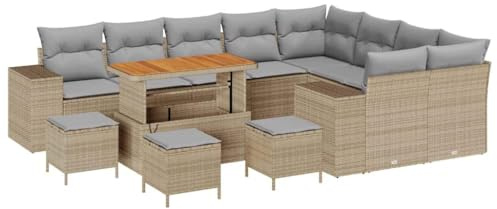 vidaXL 5-teiliges Garten-Sofa-Set mit Kissen in Beige aus Poly-Rattan und Hellgrau – modernes Outdoor-Möbel, UV-beständig, Ecksofa, perfekt für Gärten, Terrassen, modulares Patio aus Akazie