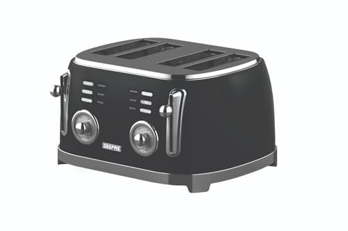 GEEPAS 4 Slice Bread Toaster | Extra Wide Slot 6 Browning Level | Defrost/Reheat/Cancel Function Removable Crumb Tray | Cool Touch Exterior Non-Slip Feet Cord Storage 1500W | Vintage Retrovive Black