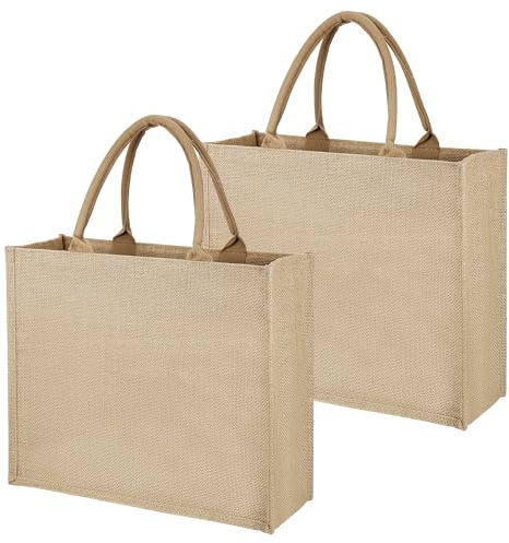 2 Pack Jute Bags, Large Jute Burlap Tote Bag, Jute Beach Bag 40×35×15cm | with Laminated Interior, Burlap Gift Tote with Handle, Jute Tote Bag for DIY, Shopping, Birthday, Beach, Decorating, Brown