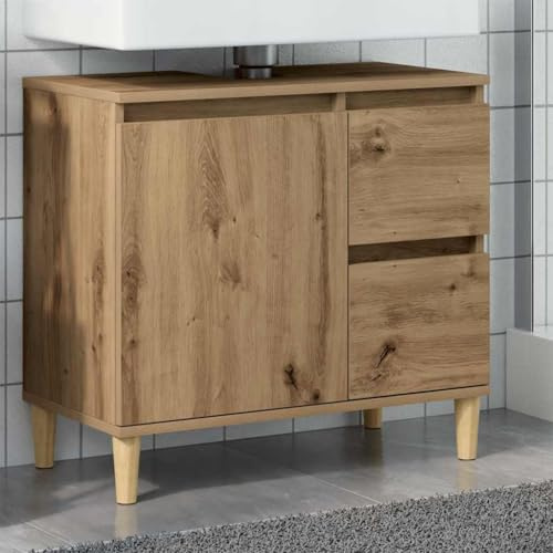 Waschbeckenunterschrank Artisan-Eiche, Holzwerkstoff, Massivholz Eukalyptus, 2 Schubladen, Flexibles Design, Badezimmerunterschrank, Waschbeckenunterschrank, für Badezimmer, 65 x 33 x 60 cm
