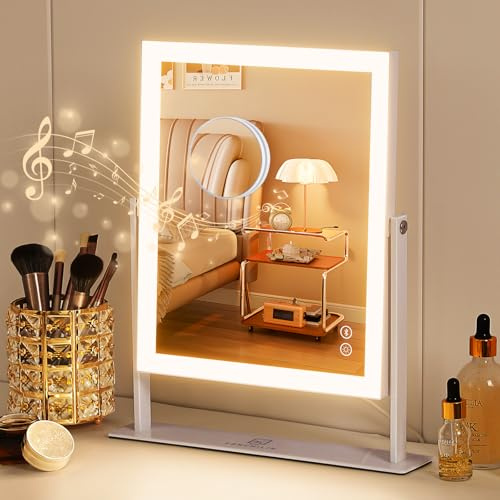 FENCHILIN Schminkspiegel mit Beleuchtung 25x30 cm Hollywood Spiegel 3 Farben Dimmbares Licht Spiegel mit Beleuchtung Musik Lautpsrecher 10x Vergrößerung 360° Drehung Weiß