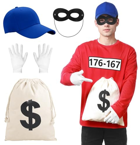 Harsever Panzerknacker Kostüm Satz, Bankräuber Kostüm Einbrecher Outfit Rotes Langarmshirt mit Räuber Maske Geldsack Handschuhe Mützen,Karnevalskostüme für Damen und Herren