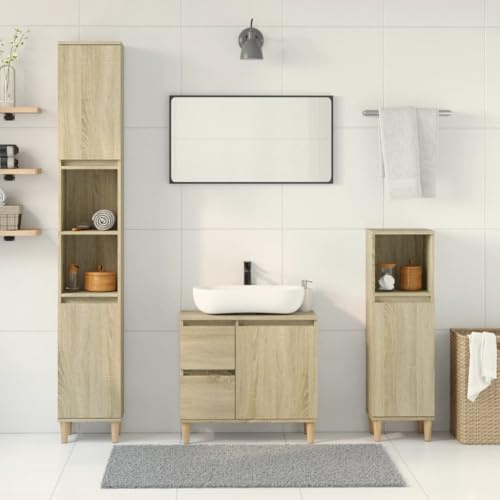 ChicAbode 3-TLG. Badmöbel-Set Sonoma-Eiche Holzwerkstoff,Badschrank mit Holzbeinen, Badezimmer Unterschrank Hochschrank Midischrank, Badezimmermöbel