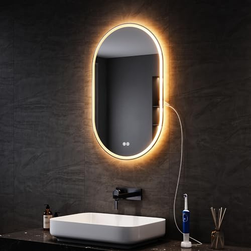 SONNI LED Badspiegel mit Steckdose 80x50 cm, Oval Badezimmerspiegel mit Beleuchtung, Touch-Bedienung + Anti-Beschlag + 3 Farben, dimmbar & Stromausfallgedächtnis