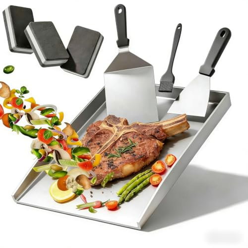 Topnewhome Grillplatte 40x30cm Edelstahl 304 mit Spachtel | 4mm Edelstahlplatte für Grill, Feuerstelle und Herd. Mit Zubehör für Burger, Fleisch und vielseitiges Grillen
