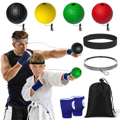 dellyy Jonglierbälle, Reaktionsball, Brain Box mit 4 Boxbälle & 2 Verstellbaren Stirnbändern, Bandagen Boxen, Junge 12 Jahre Geschenkideen, für Schlaggeschwindigkeit & Hand-Auge-Koordination