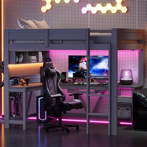 BTM Gaming Hochbett 90x200 mit Schreibtisch Holz Hochbett Kinderhochbett mit LED-Beleuchtung und Stauraum, Grau