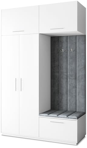Masseno Flugarderoben Set Rema, Kleiderschrank-Set mit Sitzbank, Garderobenschrank Flur mit 5 Regalböden, Weiß