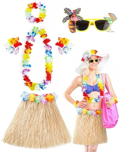 DAFNE 6 Pcs Set Disfraz Hawaiano Falda Paja,Hawaiano con Collar Pulsera Guirnalda Diadema Hawaiano,Gafas sol amarillas,Falda Hawaiana Hierba para Niñas Mujer Adultos para Playa Fiestas Temáticas