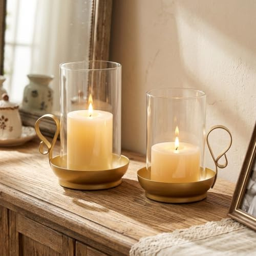 Inweder Windlicht Glaszylinder für Tischdeko: Gold Kerzenhalter 2 Stück | Windgeschützt, Ohne Boden, mit Tragegriff & Wachsfänger, für Innen & Außen, Hochzeit, Weihnachten, Kamin, Wohnzimmer Deko