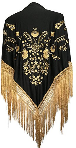LA SEÑORITA Mantón de Manila Negro con bordados Oro, Mantones de Flamenca para el Vestido de Feria, Sevillana o Flamenca. [160 x 80 cm] Tamaño Ideal para Mujer