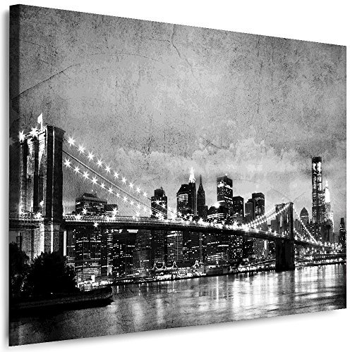Julia-Art Leinwandbilder Skyline - New York Bilder - XXL Wandbild mit Keilrahmen - 120 mal 80 cm - Querformat 1 teilig - Schwarz Weiß Kunstdrucke Stadt NY City Statue, Brücke N-c-100-a-27
