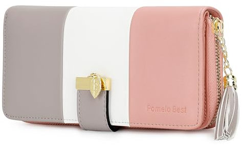 Pomelo Best Damen-Geldbörse, Leder, Geldbörse, Scheckheft, Kartenhalter für 12 Karten, klassisch, Gestreift, Grau, Weiß, Rosa, M, Klassisch