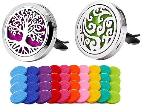 QitinDasen 2Pcs Premium Auto Aromatherapie Ätherische Öle Diffusor, Auto Aromatherapie Edelstahl Vent Clip, mit 40Pcs Ersatz Filzunterlage (10 Farben) Ohne Öl (Wolke & Lebensbaum)
