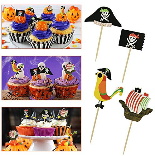 TANCUDER 48 Stücke Pirate Kuchen Topper Umweltfreundliche Halloween Cupcake Toppers 4 Muster Cupcake Picks Deko Flaggen Kuchen Topper Piraten Kuchendekoration für Geburtstag, Hochzeit, Halloween Party