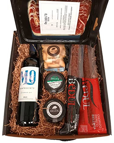 Deliex. Caja Gourmet para regalar - Lote de productos ibéricos con vino Montequinto crianza. Cesta para regalo con sobre de jamón, 1 salchichón y 1 chorizo ibéricos, crema de queso, paté y picos.