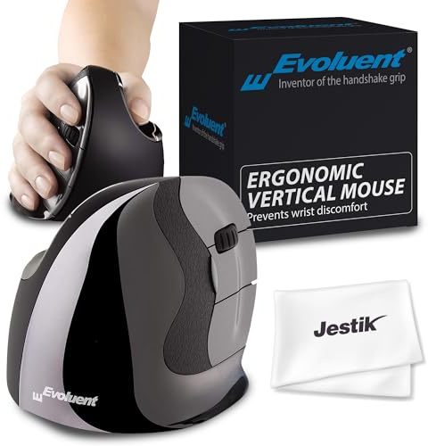 Evoluent VMDM VerticalMouse D Souris ergonomique pour droitier avec connexion USB filaire et chiffon en microfibre Jestik Taille M