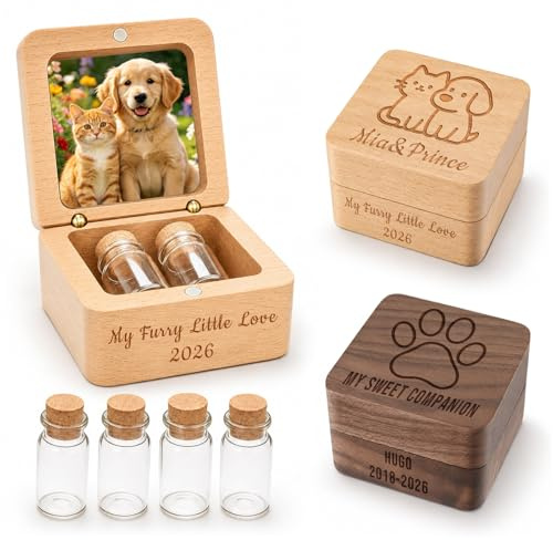 Individuell gestaltete Erinnerungsbox aus Tierfell mit Foto und Text, personalisierte Holzbox mit Glaseinsatz Mini-Urne für Hunde-und Katzenasche, Haare und Krallen Geschenk zum Verlust eines Hundes