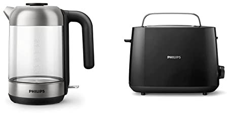 Philips HD9339/80 Glas Wasserkocher, 1,7 Liter (LED-Beleuchtung, Trockenlaufschutz, herausnehmbarer Mikro-Sieb-Filter) & HD2581/90 Toaster, integrierter Brötchenaufsatz, 8 Bräunungsstufen, schwarz