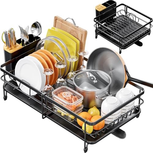 KINGRACK Abtropfgestell Geschirr, Erweiterbares (32-47CM) Abtropfgestell, Geschirrabtropfgestell Edelstahl mit Abnehmbarem Besteckhalter, Küchen Geschirr Abtropfständer, Schwarz